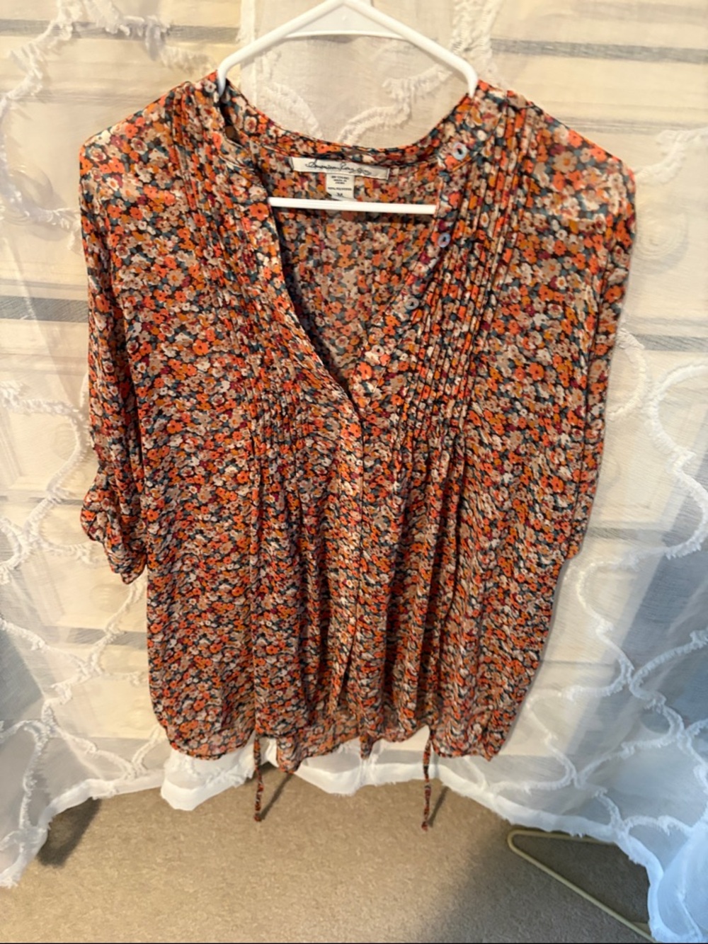 American Rag Orange Floral Pintuck V-Neck Blouse